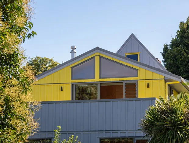 Exterior view of a compact contemporary home with a bright yellow vertical-panel facade, grey metal roof and grey privacy fencing. The building has a prominent steep front gable, an intersecting lower pitched roof, large dark-framed glazing, and a raised multi-level appearance partly screened by mature landscaping.