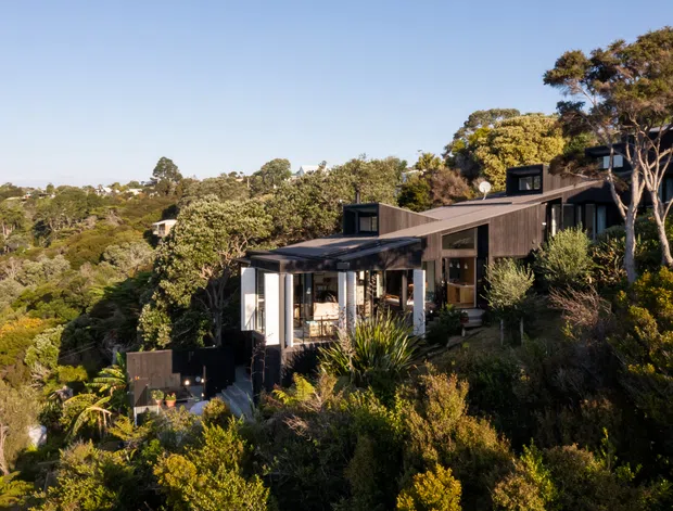 Exterior view of a contemporary dark-clad house embedded into a steep, densely vegetated hillside. The home has a low-pitched roof, extensive glazing, projecting glazed living spaces, and tiered outdoor areas integrated with the native landscape. The image is captured in warm daylight from across the surrounding bush setting.