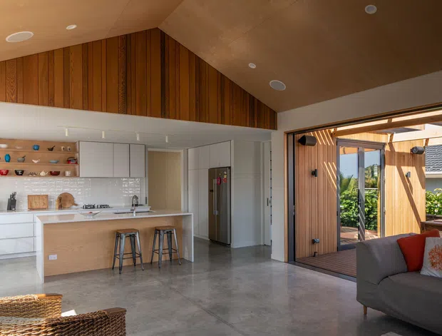 Open-plan contemporary kitchen and living area with a polished concrete floor, white cabinetry, a timber island, and exposed warm timber wall and ceiling lining. The kitchen opens directly to a covered outdoor entertaining area through large glazed sliding doors, with a grey sofa visible in the foreground.
