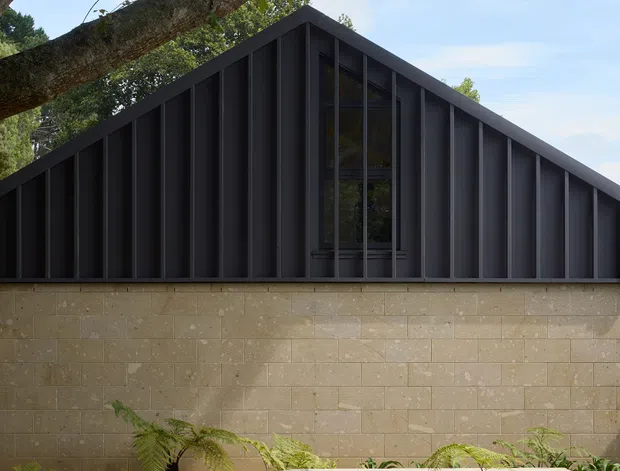 Exterior architectural photograph of a contemporary gabled building with a dark charcoal vertically ribbed metal facade and a narrow central glazed opening, set above a warm beige stone masonry wall. A mature spreading tree frames the roofline, while a landscaped foreground includes ferns, strappy plants, gravel, irregular stone paving, and a low stone bench or feature element.