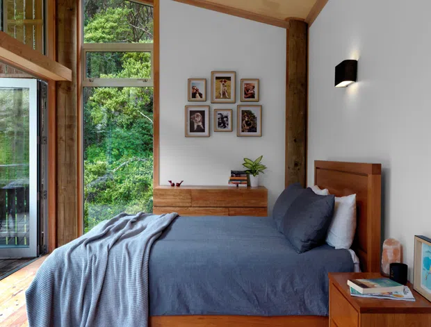 A warm, timber-lined bedroom with a low-profile wooden bed, blue bedding, matching timber bedside furniture and dresser, framed artwork, and a small plant. Floor-to-ceiling glazing and tall windows open to leafy greenery, while a black wall sconce provides focused lighting. The room has a calm, natural, contemporary feel with a timber ceiling, exposed timber posts, and timber flooring.