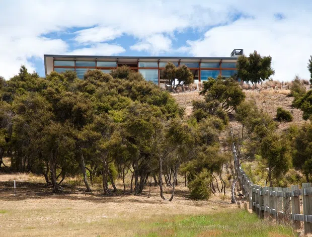 A low, elongated modern building sits along a raised, landscaped hillside. The structure has extensive horizontal glazing framed in dark metal, a thin flat roofline, and a small rooftop vent or chimney. Native scrub and trees dominate the foreground and partially screen the building, while a timber post-and-rail fence leads toward it from the lower right. The scene is photographed from outdoors under a partly cloudy sky.