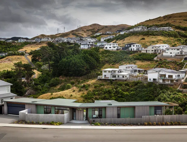 Exterior street-level view of a low, contemporary single-storey home with a long linear profile, muted grey-green vertical cladding, a shallow metal roof, concrete boundary wall, and broad glazing. A steep, dry hillside suburban neighbourhood with many detached homes forms the backdrop beneath an overcast sky.