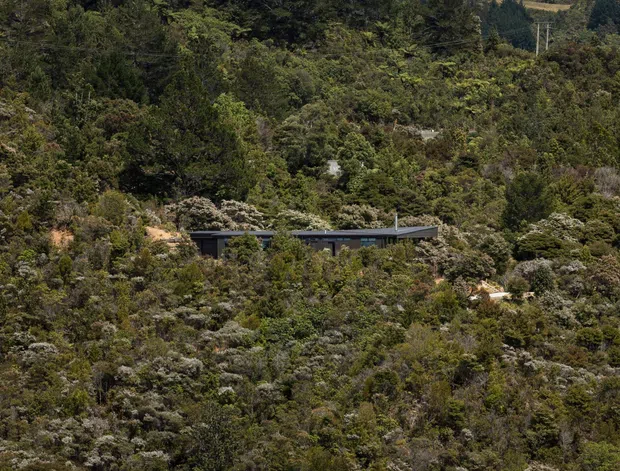 A low, elongated dark-clad building is partially concealed within dense native vegetation on a steep, heavily forested hillside. The architecture has a restrained horizontal profile and appears integrated into the rugged natural landscape. The image is an exterior landscape view dominated by bush and vegetation, with only the building clearly visible near the centre.