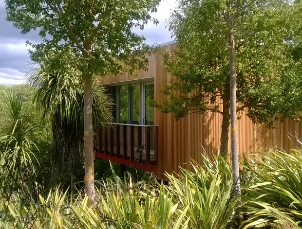 A compact modern dwelling nestled in dense native-style landscaping, with warm vertical timber cladding, dark-framed glazing, and a small projecting balcony or deck screened by mature trees and flax-like plants.