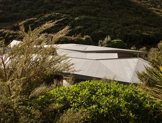Exterior view of a low-profile building partially concealed by dense native vegetation, with broad light-grey metal roofing and layered roof forms set against a steep, heavily vegetated hillside.