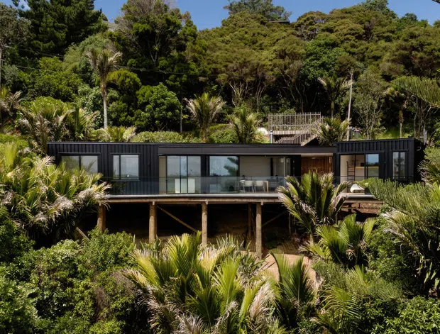A modern, single-storey house nestled into dense native vegetation on a wooded, sloping site. The long dark-clad facade features extensive floor-to-ceiling glazing, a covered balcony or terrace, and an elevated structure supported on timber posts, with a deck and stairs partially visible among the foliage.